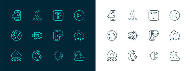 ustaw linię kompas na zachód, księżyc i gwiazdy, termometr, cykl dnia i nocy, zaćmienie słońca, fahrenheita, aplikacja prognozy pogody i ikona dymu nocnej mgły. wektor - full steam ahead stock illustrations