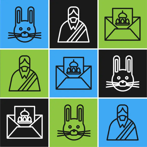 Vector illustration of Set line Easter rabbit, Greeting card with Happy Easter and Jesus Christ icon. Vector