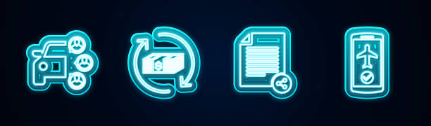 ilustrações de stock, clip art, desenhos animados e ícones de set line car sharing, refund money, share file and flight mode the mobile. glowing neon icon. vector - smart phone technology file sharing