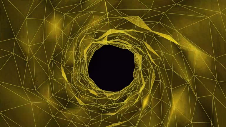 Abstract wireframe tunnel. Yellow wormhole. 3D portal grid. Futuristic fantasy triangle funnel. Abstract dynamic wormhole tunnel on black background. Deep wavy wormhole