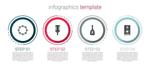 Vector illustration of Set Tambourine, Microphone, Guitar and Stereo speaker. Business infographic template. Vector