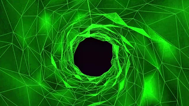 Abstract wireframe tunnel. Green wormhole. 3D portal grid. Futuristic fantasy triangle funnel. Abstract dynamic wormhole tunnel on black background. Deep wavy wormhole. 3d rendering