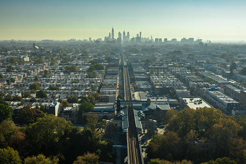 Aerial shot of the downtown Philadelphia skyline, from over Haddington, Pennsylvania.Authorization was obtained from the FAA for this operation in restricted airspace.