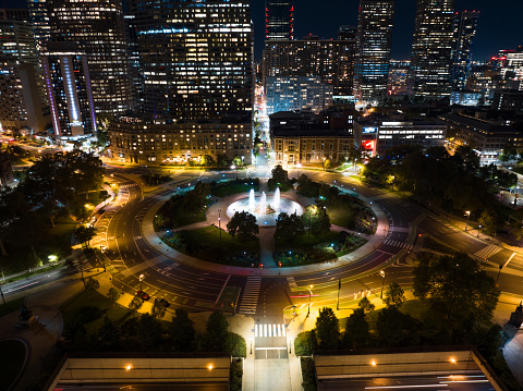 Aerial shot of Logan Circle in downtown Philadelphia, Pennsylvania on a Fall night.Authorization was obtained from the FAA for this operation in restricted airspace.