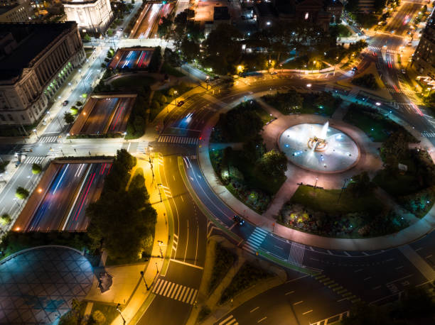 Aerial shot of Logan Circle in downtown Philadelphia, Pennsylvania on a Fall night.Authorization was obtained from the FAA for this operation in restricted airspace.