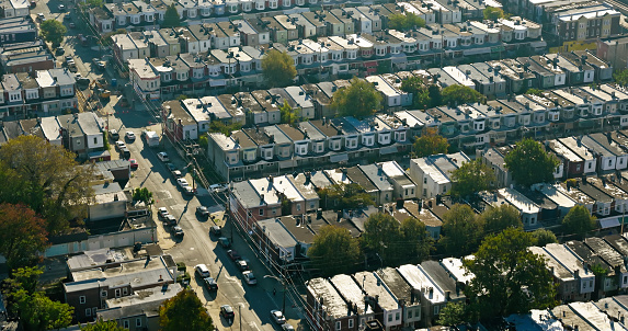Aerial shot of residential buildings in Haddington, Philadelphia, Pennsylvania.Authorization was obtained from the FAA for this operation in restricted airspace.