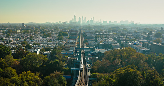 Aerial shot of the downtown Philadelphia skyline, from over Haddington, Pennsylvania.Authorization was obtained from the FAA for this operation in restricted airspace.