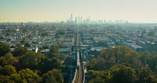 drone shot of philadelphia skyline from over 60th street station - filadélfia pensilvânia imagens e fotografias de stock