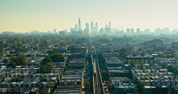 Aerial shot of the downtown Philadelphia skyline, from over Haddington, Pennsylvania.\n\nAuthorization was obtained from the FAA for this operation in restricted airspace.