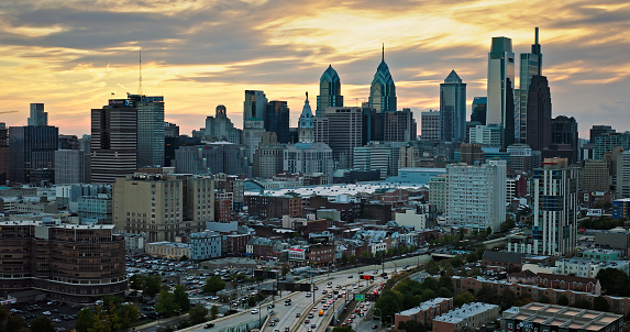 Aerial shot of downtown Philadelphia, from over Callowhill, Pennsylvania at dusk in Fall.Authorization was obtained from the FAA for this operation in restricted airspace.
