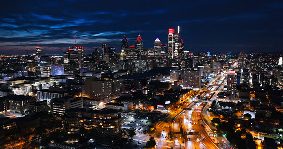 Aerial shot of downtown Philadelphia, from over Callowhill, Pennsylvania on a Fall evening.Authorization was obtained from the FAA for this operation in restricted airspace.