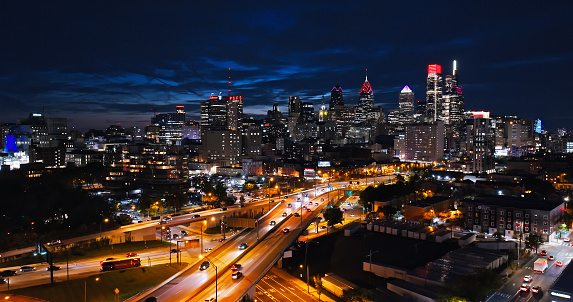 Aerial shot of downtown Philadelphia, from over Callowhill, Pennsylvania on a Fall evening.\n\nAuthorization was obtained from the FAA for this operation in restricted airspace.