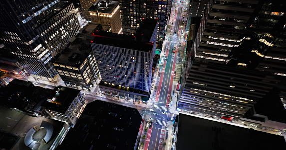 Aerial shot of Market Street in downtown Philadelphia, Pennsylvania on a Fall night.Authorization was obtained from the FAA for this operation in restricted airspace.