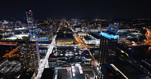 Aerial shot of downtown Philadelphia, Pennsylvania on a clear Fall night.Authorization was obtained from the FAA for this operation in restricted airspace.