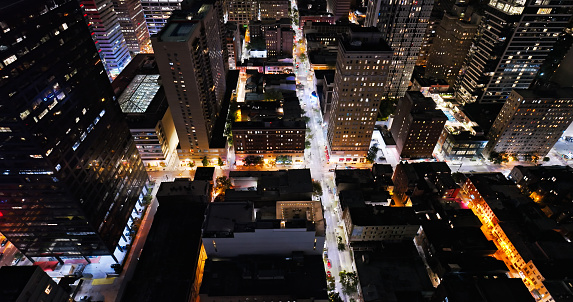 Aerial shot of downtown Philadelphia, Pennsylvania on a Fall night.Authorization was obtained from the FAA for this operation in restricted airspace.
