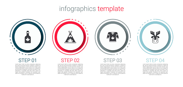 Set Bottle of maple syrup Indian teepee or wigwam Hockey jersey and Deer head with antlers. Business infographic template. Vector.
