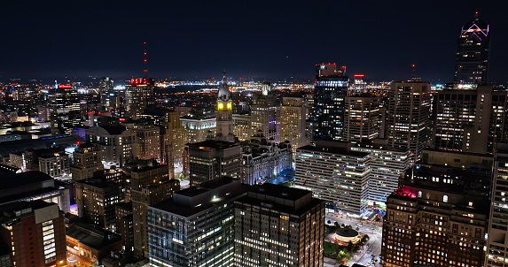 Aerial shot of downtown Philadelphia, Pennsylvania on a Fall night.Authorization was obtained from the FAA for this operation in restricted airspace.