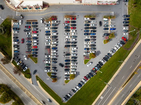 Overhead aerial shot of a busy parking lot near King of Prussia, Pennsylvania.