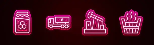 Vector illustration of Set line Jar of honey, Tanker truck, Oil pump or pump jack and Sauna bucket. Glowing neon icon. Vector