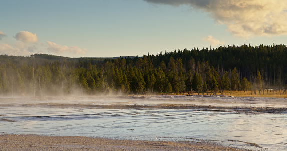 Wide shot of steam blowing off the ground in Yellowstone National Park on an overcast sunset in Fall.