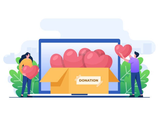 illustrations, cliparts, dessins animés et icônes de online donation concept flat illustration concept vector template, financial support and fundraising concept, nonprofit organization, supporting and giving help, volunteering, social support - heart shape human hand charity and relief work giving