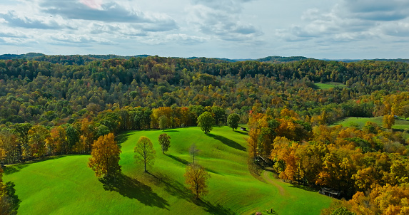 Aerial view of lush landscape near Orlando, a small town in West Virginia, on an overcast day in Fall.