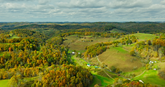Aerial view of lush landscape near Orlando, a small town in West Virginia, on an overcast day in Fall.
