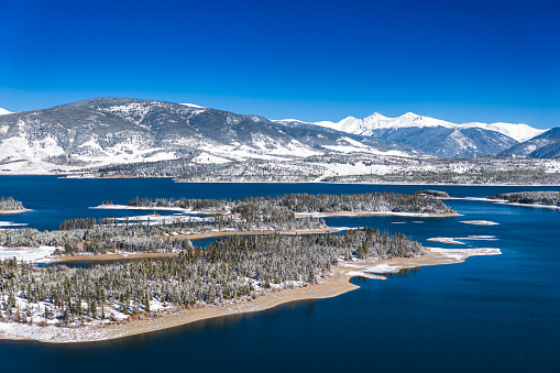 Aerial view of Frisco Bay in Frisco, a town in Summit County, Colorado, on a clear day in Fall after a fall of snow.