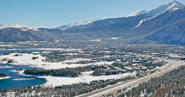 Aerial shot of Frisco, a town in Summit County, Colorado, on a clear day in Fall after a fall of snow.