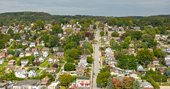 Aerial shot of Springdale, a town 18 miles north of Pittsburgh in Allegheny County, Pennsylvania on a Fall day.
