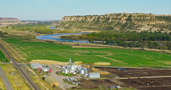 Aerial view of rural scenery outside of Billings in Stillwater County, Montana, near the small town of Park City, on a clear day in Fall.