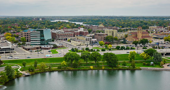 Aerial view of downtown Saint Cloud, a city in Minnesota, on an overcast day in Fall.