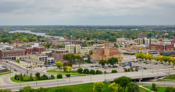 Stock photograph of businesses in downtown Seneca Falls, Finger Lakes region, upstate New York State, USA on a sunny day.