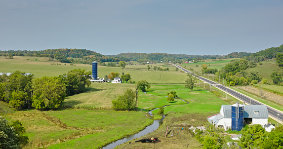Drone shot of rural scenery in Monroe County, Pennsylvania, near the village of Wilton, on a clear day in Fall.