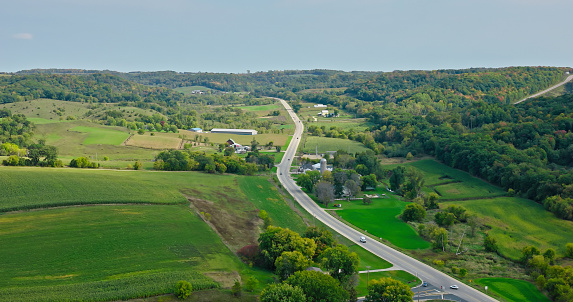 Drone shot of rural scenery in Monroe County, Pennsylvania, near the village of Wilton, on a clear day in Fall.