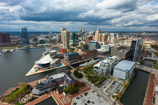 Beautiful blue skies over the downtown city center in an aerial view of Mobile Alabama