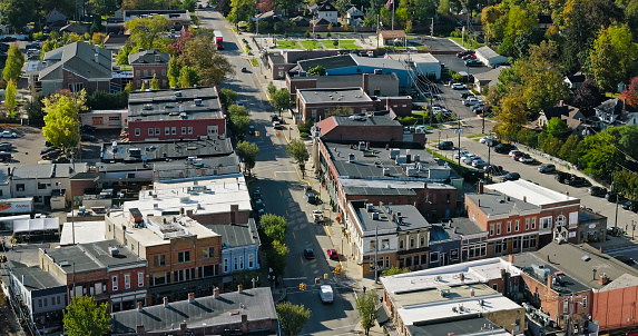 Aerial view of Chelsea, a city in Washtenaw County, Michigan, on a clear, sunny day in Fall.