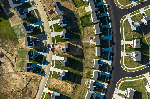 Top down aerial view of tract housing in Middletown, Ohio on a clear, sunny day in Fall.