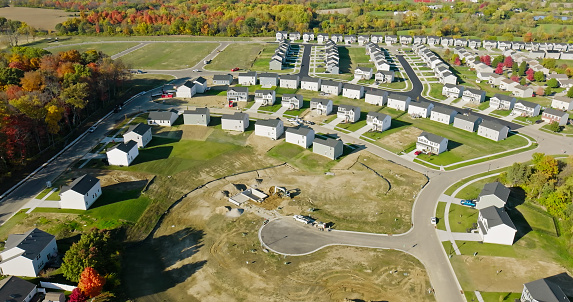 Aerial view of tract housing in Middletown, Ohio on a clear, sunny day in Fall.
