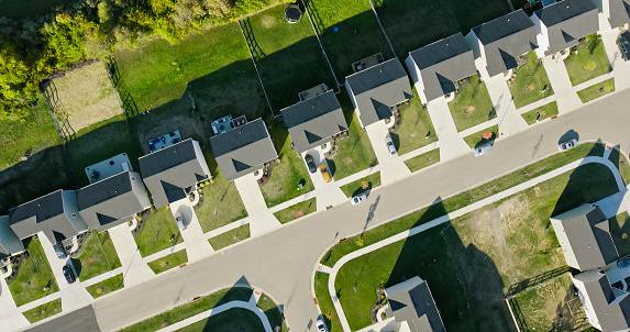 Top down aerial view of tract housing in Middletown, Ohio on a clear, sunny day in Fall.