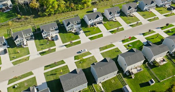 Top down aerial view of tract housing in Middletown, Ohio on a clear, sunny day in Fall.