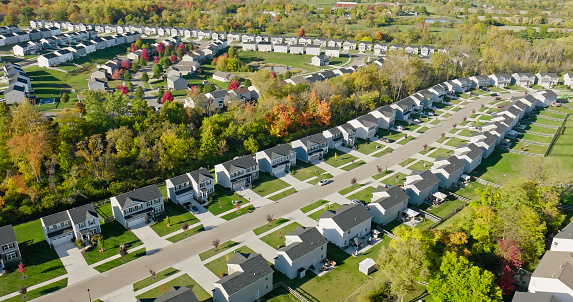 Aerial view of tract housing in Middletown, Ohio on a clear, sunny day in Fall.