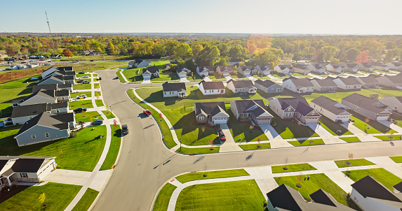 Aerial view of tract housing in Middletown, Ohio on a clear, sunny day in Fall.