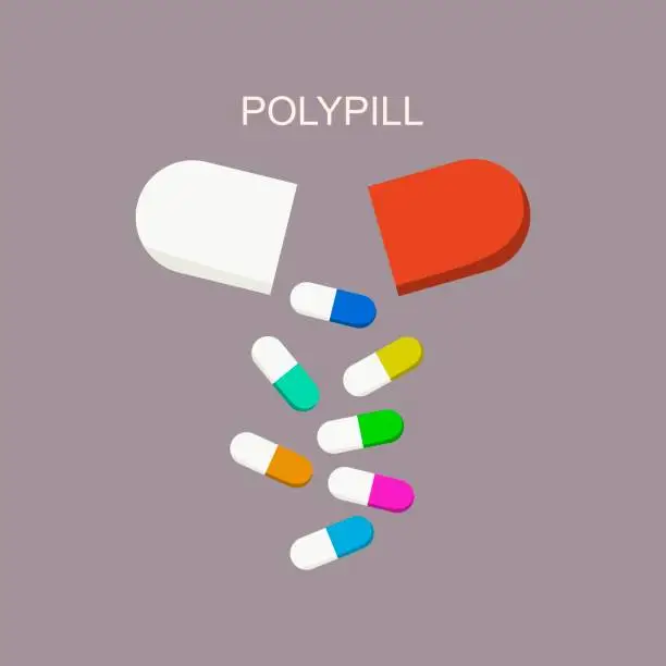 Vector illustration of Pharmaceutical polypill concept with open medicament capsule. Lots of pills inside big one. Pharmacology innovations.