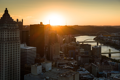 Aerial shot of downtown Pittsburgh, Pennsylvania on a Fall sunset.