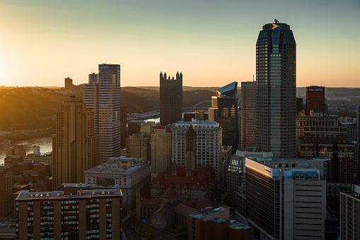 Aerial shot of downtown Pittsburgh, Pennsylvania on a Fall sunset.