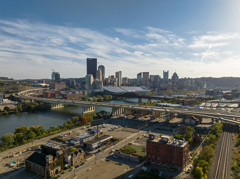Aerial view of downtown Pittsburgh, Pennsylvania from East Allegheny on a mostly clear day in Fall.