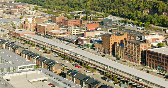 Aerial shot of the Strip District in Pittsburgh, Pennsylvania.