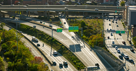 Aerial shot of Interstate roads in Pittsburgh, Pennsylvania.