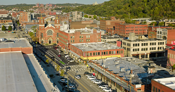 Aerial shot of a church in Strip District in Pittsburgh, Pennsylvania.